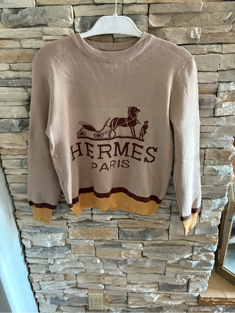 NWT, Hermes Beige Crewneck Sweater with Chocolate, Khaki & Mustard Trim Size S